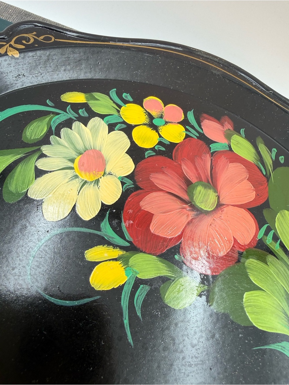 Vintage Russian Hand Painted Floral Flowers Toleware Black Serving Tray 7x6 - Picture 5 of 11